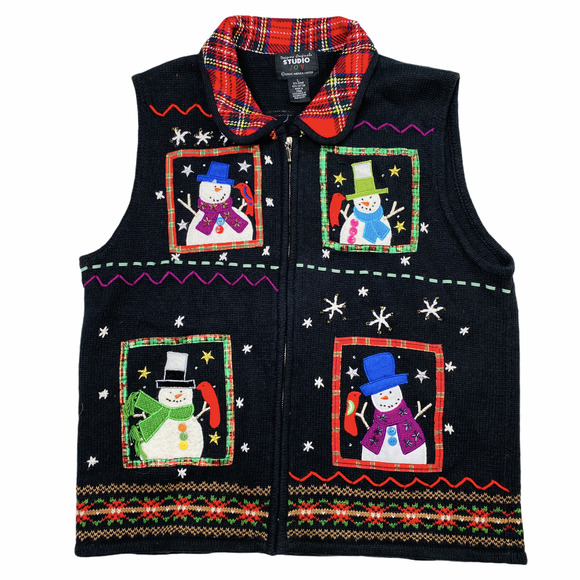 Vintage Sweaters - Vintage 90s Christmas Snowman Plaid Sweater Vest